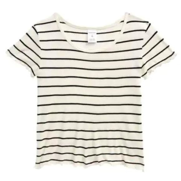 Nordstrom Girls' Ivory & Black Striped Ribbed Cropped Short Sleeve T-Shirt - Picture 1 of 7